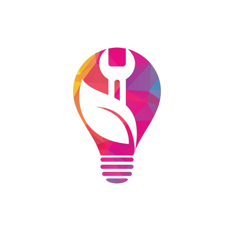Bulb-Logo-Design kombiniert mit Schraubenschlüssel und Blättern. Reparatur-Service-Blatt-Natur-Logo-Design. vektor
