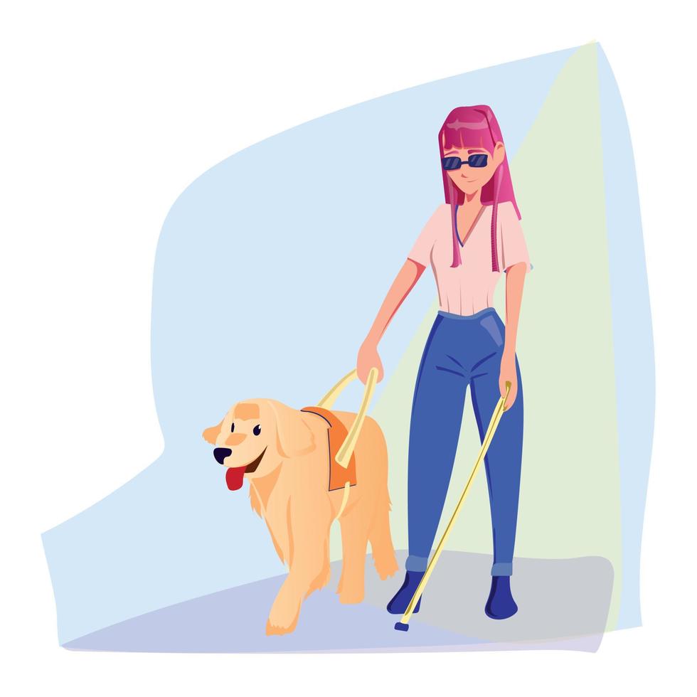 blind flicka gående med en guide hund. vektor isolerat på vit bakgrund.