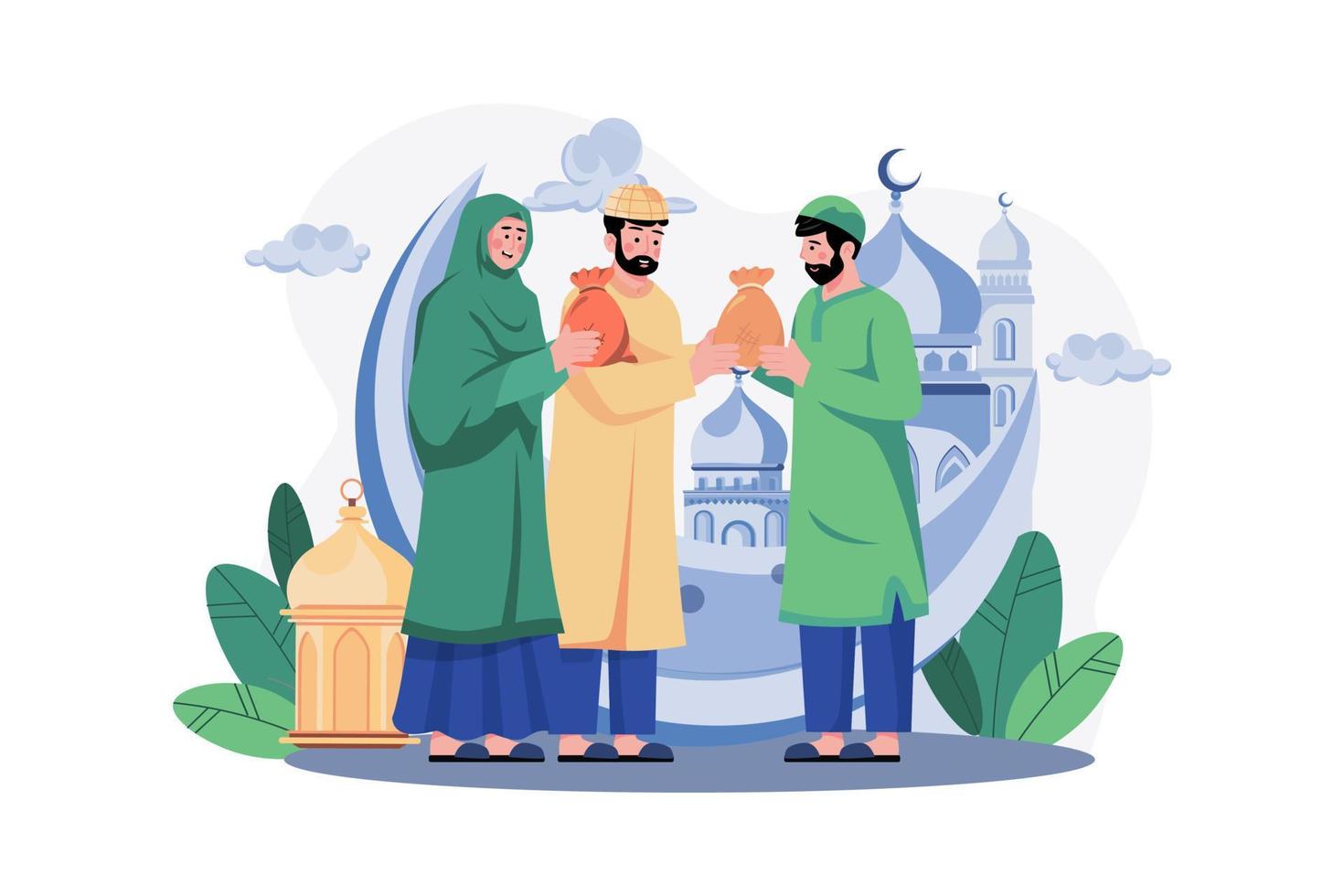 muslimisches paar, das zakat-illustrationskonzept auf weißem hintergrund gibt vektor