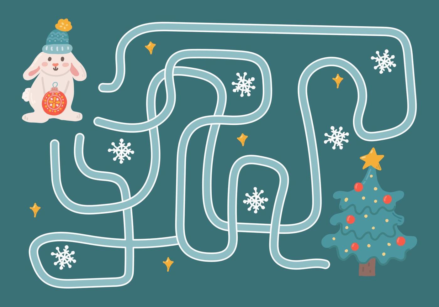 Labyrinth, hilf dem Hasen den richtigen Weg zum Weihnachtsbaum zu finden. logische Suche für Kinder. süße illustration für kinderbücher, lernspiel vektor