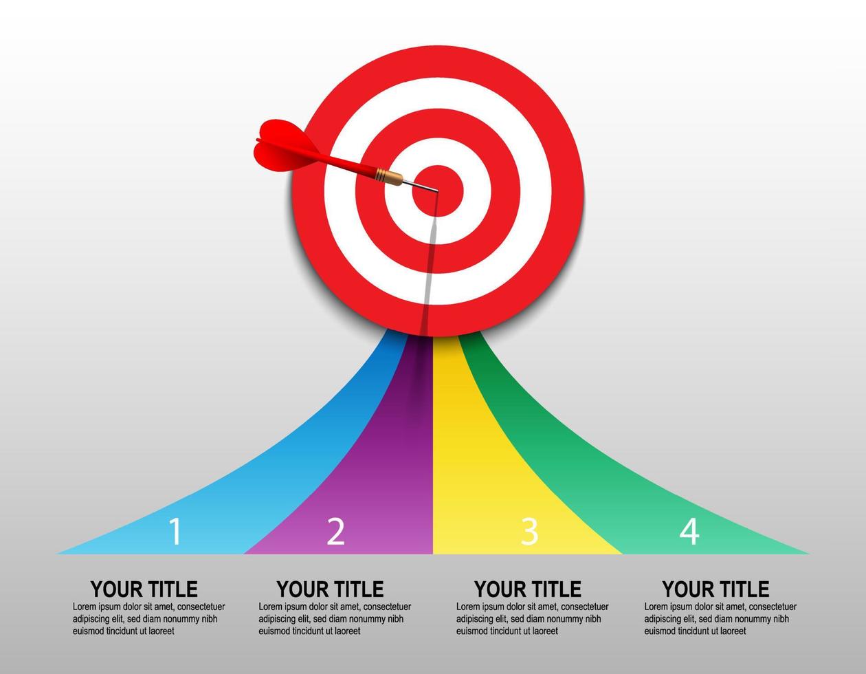 roter Dart trifft in die Mitte der Dartscheibe mit Pfeil für Infografik. Pfeil aufs Ziel. geschäftserfolg, investitionsziel, marketingherausforderung, finanzstrategie, zielerreichung, fokusideenkonzept. vektor
