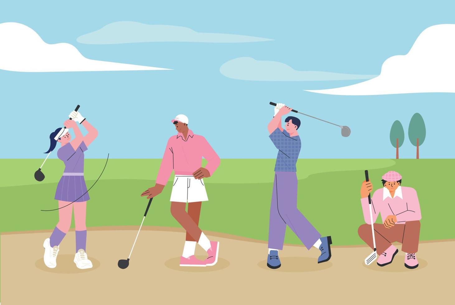 Leute, die Golftrikots tragen und Schläger halten, posieren für einen Schwung. flache vektorillustration. vektor