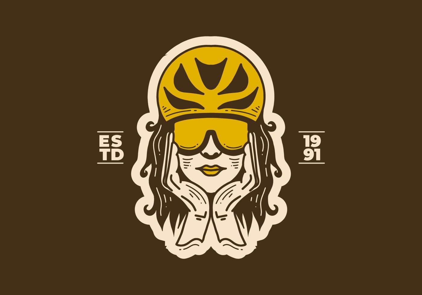 årgång konst illustration av en kvinna bär cykel hjälm vektor