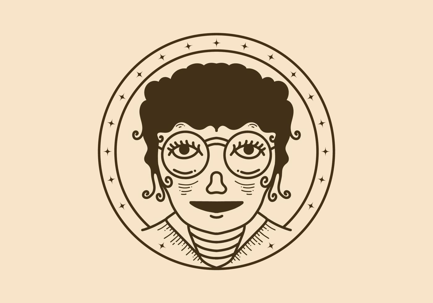 årgång konst illustration av en lockigt flicka ansikte bär stor runda glasögon vektor