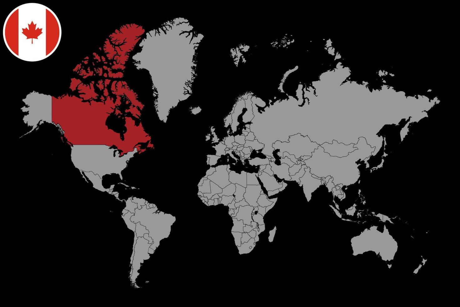 Pin-Karte mit Kanada-Flagge auf Weltkarte. Vektorillustration. vektor