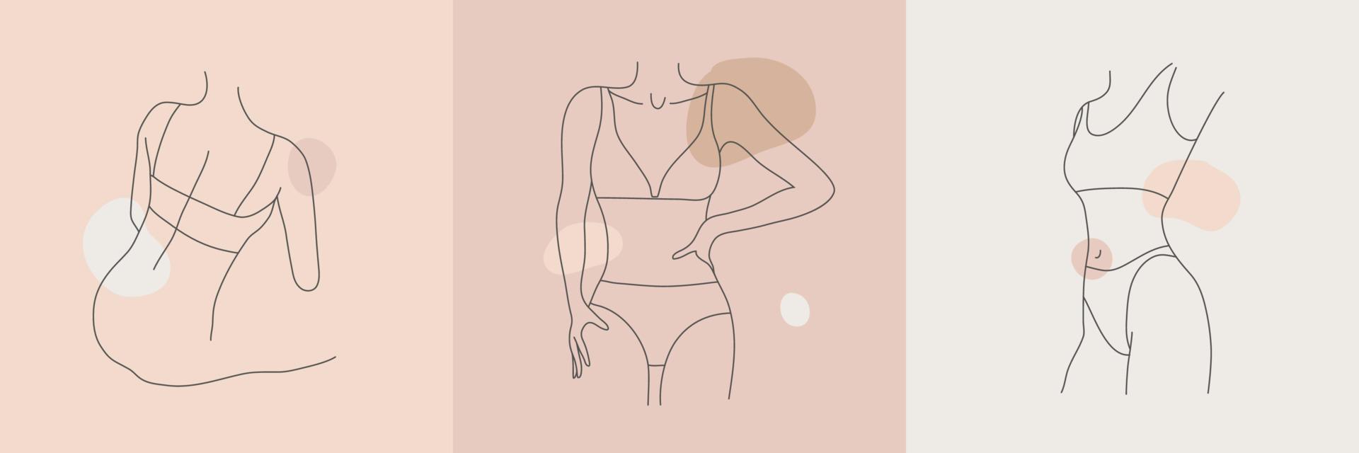 vektor uppsättning av kvinna kropp linje konst illustration. minimalistisk kvinna siffror, underkläder affischer, kort, social netto inlägg. abstrakt naken sensuell linje konst. kvinnor kropp silhuetter, naken färger. kropp positiv