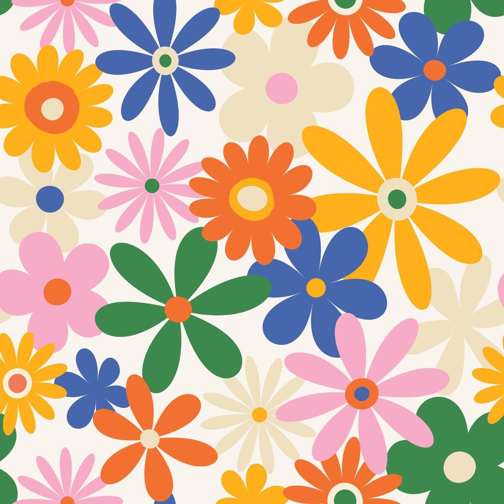 trendig blommig mönster i de stil av de 70s med häftig daisy blommor. årgång stil. ljus färgrik färger. retro blommig vektor design y2k.