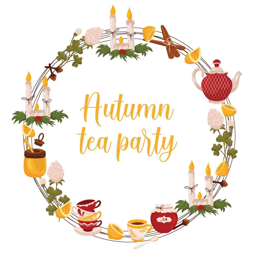 herbstkranz mit elementen für teeparty, weihnachtskerzen, honig und zitrone mit platz für text. Vektor-Illustration isoliert weißer Hintergrund. vektor