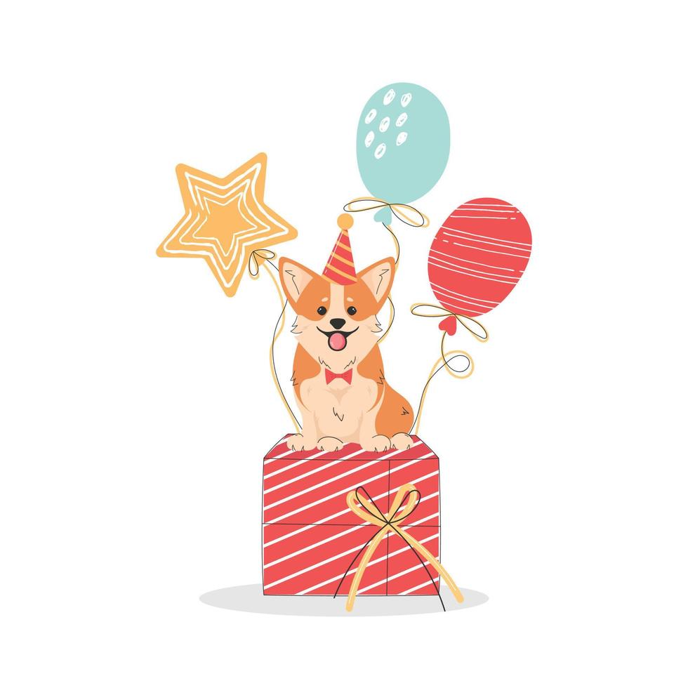 Illustration eines fröhlichen Corgi, der auf Geschenken mit Luftballons für Grußkarten auf weißem Hintergrund sitzt. Vektor