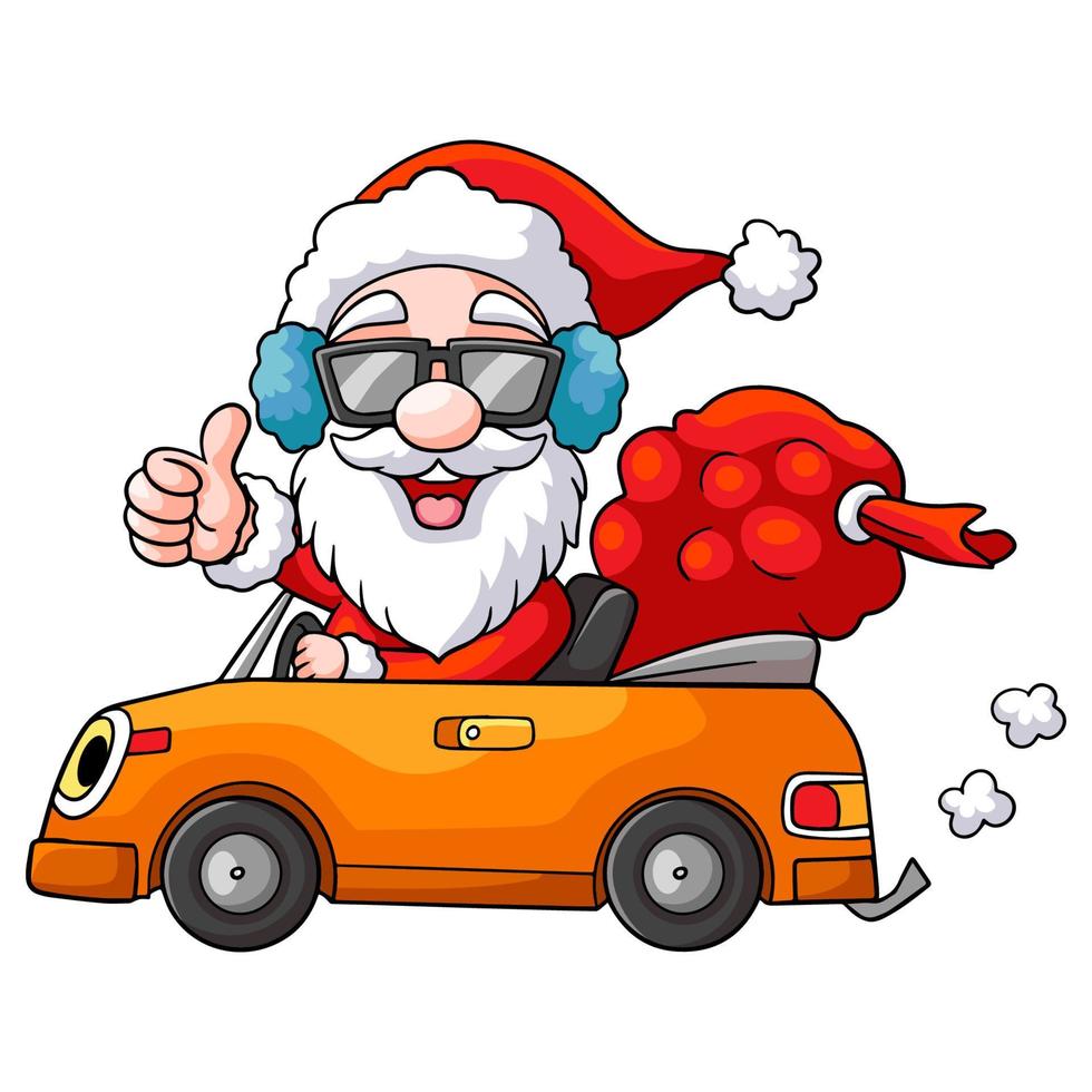 karikatur-weihnachtsmann, der ein auto fährt, um geschenke zu senden, die auf weißem hintergrund lokalisiert werden vektor