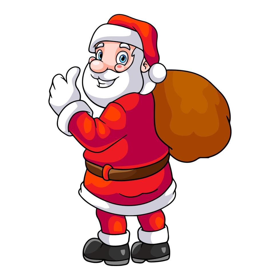 Cartoon-Weihnachtsmann, der einen Daumen nach oben mit einem Geschenksack aufgibt, der auf weißem Hintergrund isoliert ist vektor