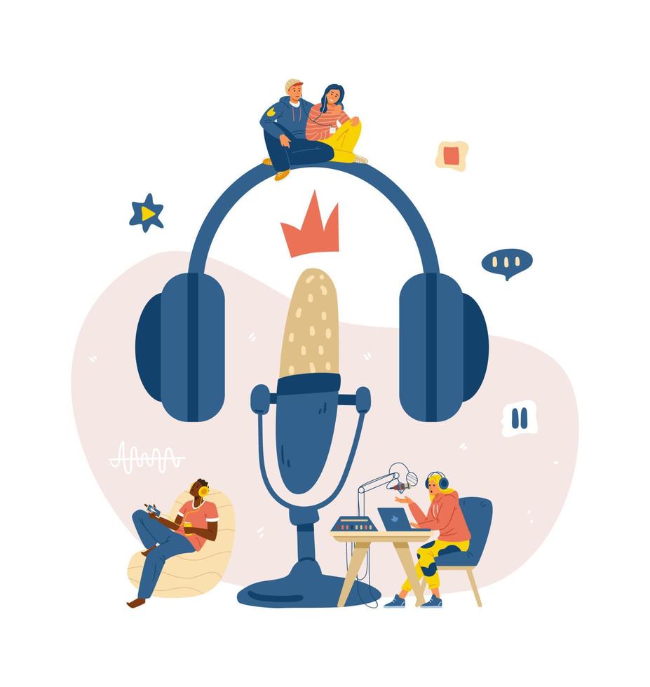 podcast begrepp platt vektor illustration. människor runt om stor mikrofon inspelning podcast visa och lyssnande till audio i hörlurar.