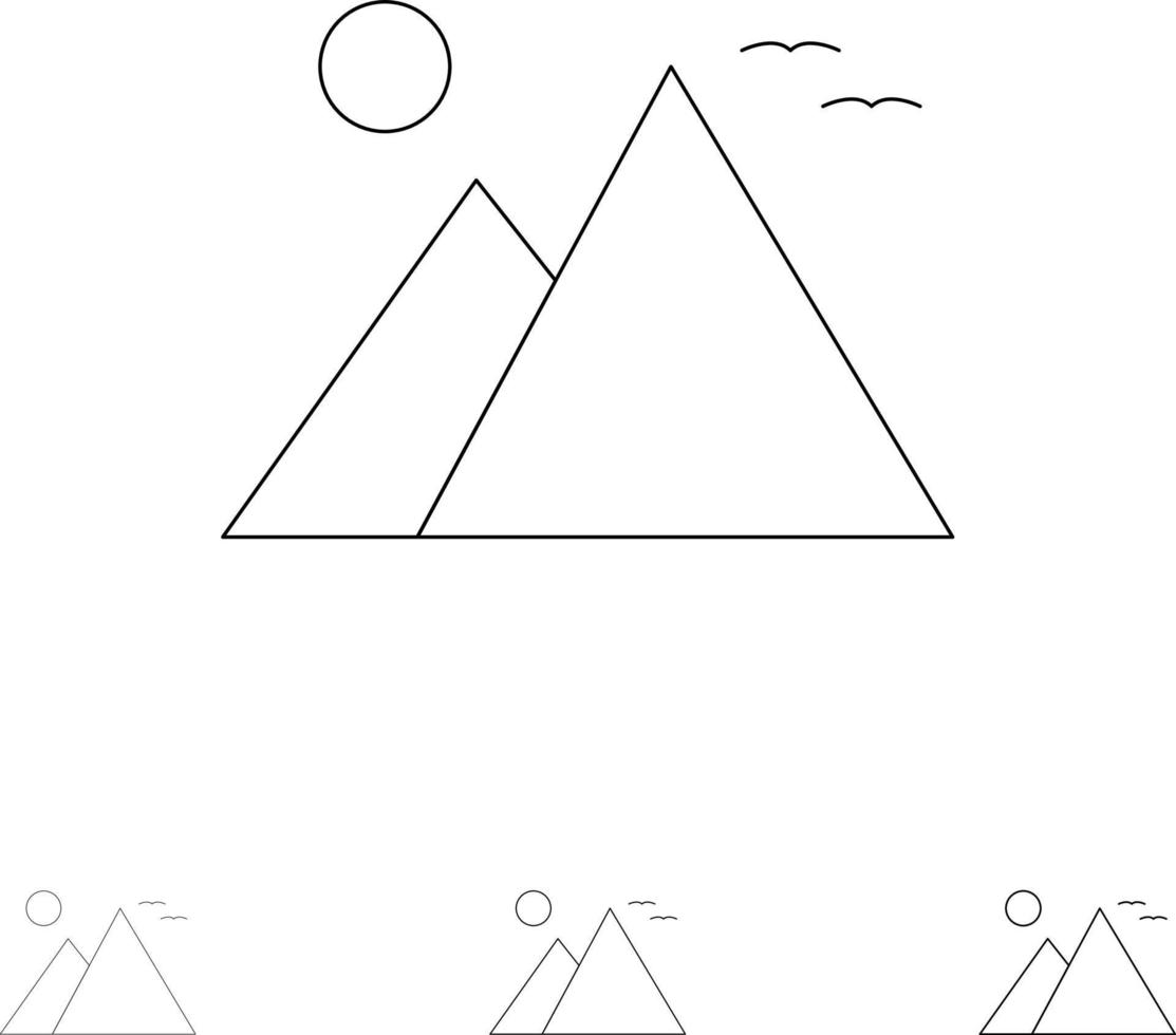 egypten giza landmärke pyramid Sol djärv och tunn svart linje ikon uppsättning vektor