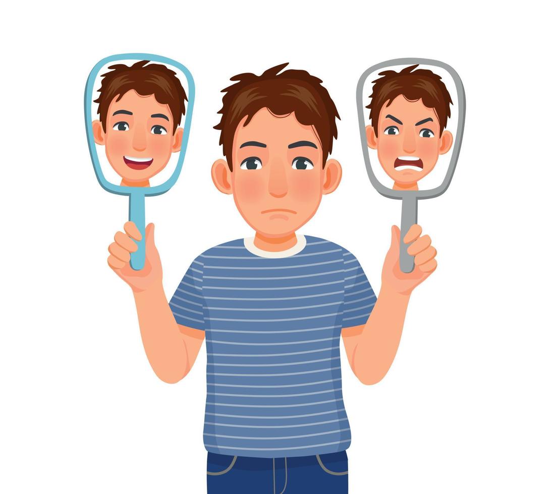 Der junge Mann leidet an einer manischen Depression mit bipolarer Störung, wobei zwei Gesichtsausdrücke von glücklichem und traurigem Gesicht im Spiegel zu sehen sind vektor