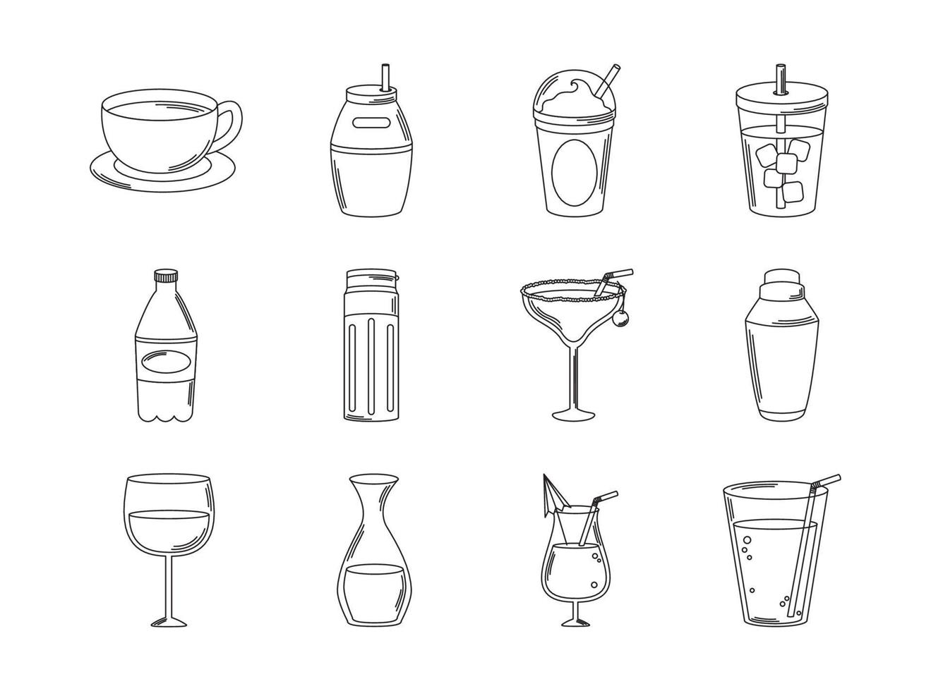 drycker dryck glas koppar flaska alkoholhaltig sprit ikoner uppsättning linje stil ikon vektor