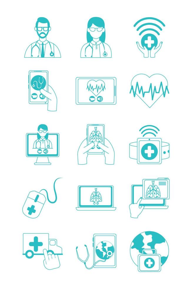 Online-Arzt, Arzt-Technologie-Berater medizinische Symbole gesetzt, Symbol für Linienstil vektor