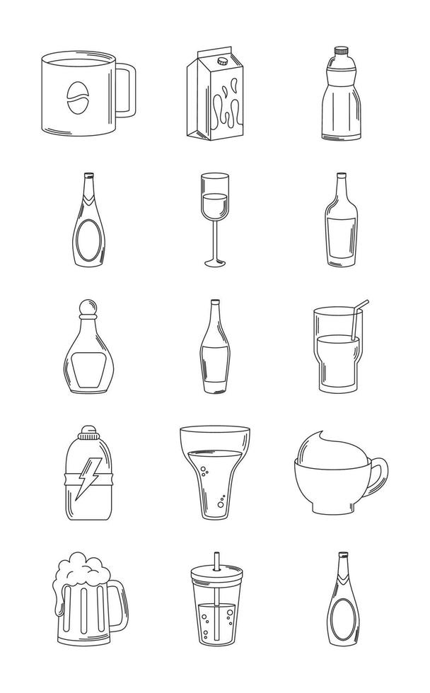 drycker dryck glas koppar flaska alkoholhaltig sprit ikoner uppsättning linje stil ikon vektor