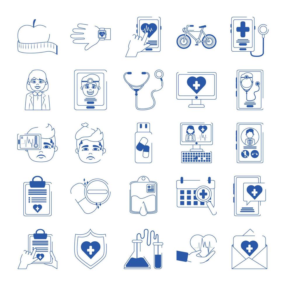 uppkopplad läkare hälsa medicin vård blå linje stil ikoner uppsättning vektor