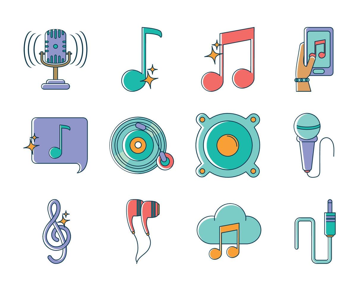 Musikmelodie Sound Audiosymbole legen Linien- und Füllstil fest vektor