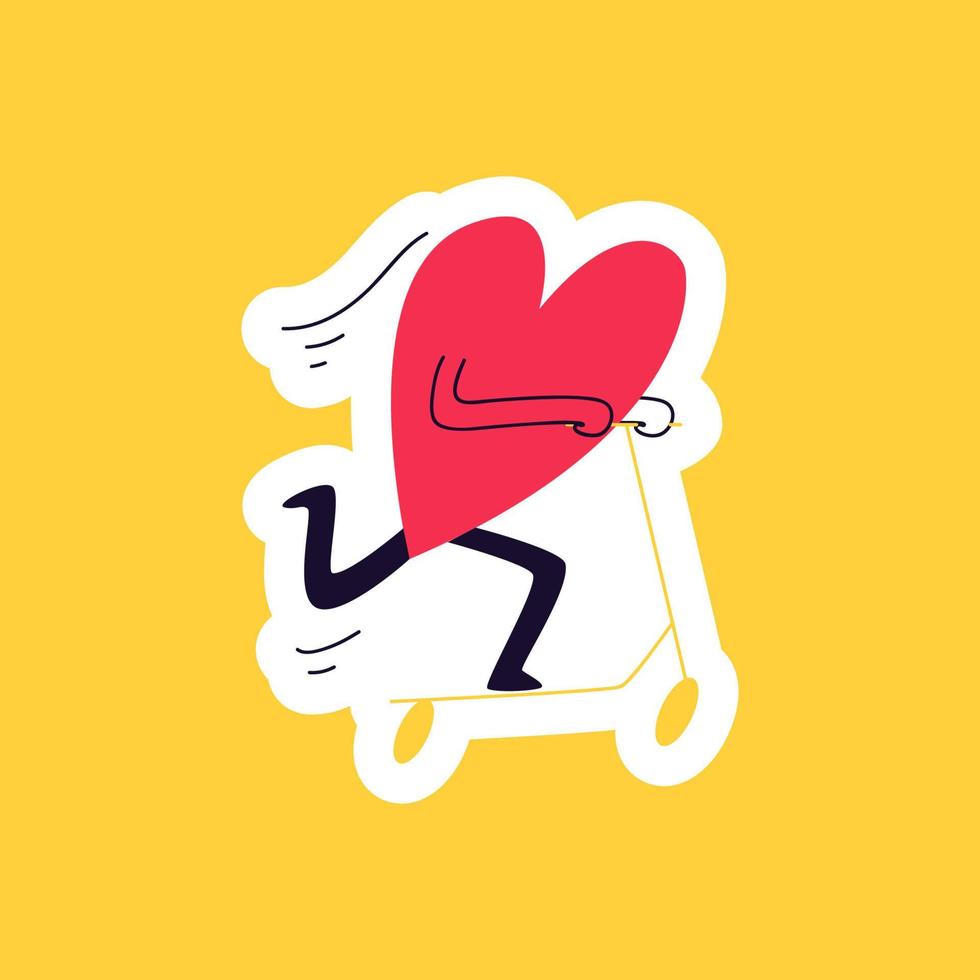 dragen klistermärke klotter hjärta rullar på en skoter. en kärleksfull hjärta rusar längs de väg på en skoter på en gul bakgrund. hjärtans dag tecknad serie klistermärke vektor illustration.