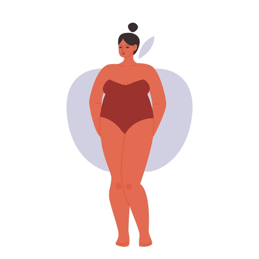 kvinna äpple form typ. tecknad serie knubbig flicka i en axelbandslös baddräkt. vektor stock illustration av en kvinna med bred axlar isolerat på vit bakgrund.