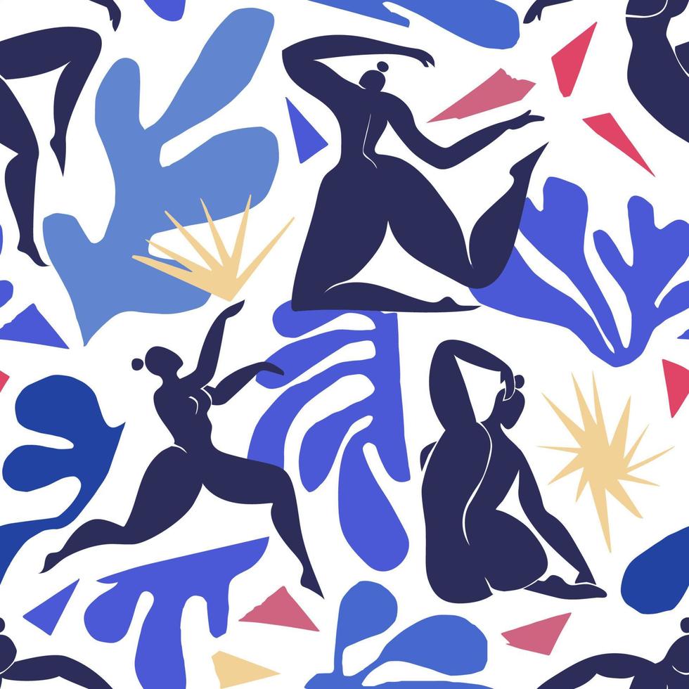 abstrakt sömlös mönster med skära ut silhuetter av kvinnor och skrot av papper, stjärnor och växter. bakgrund med mönster inspirerad förbi matisse. trend vektor illustration med fiktiv alger.