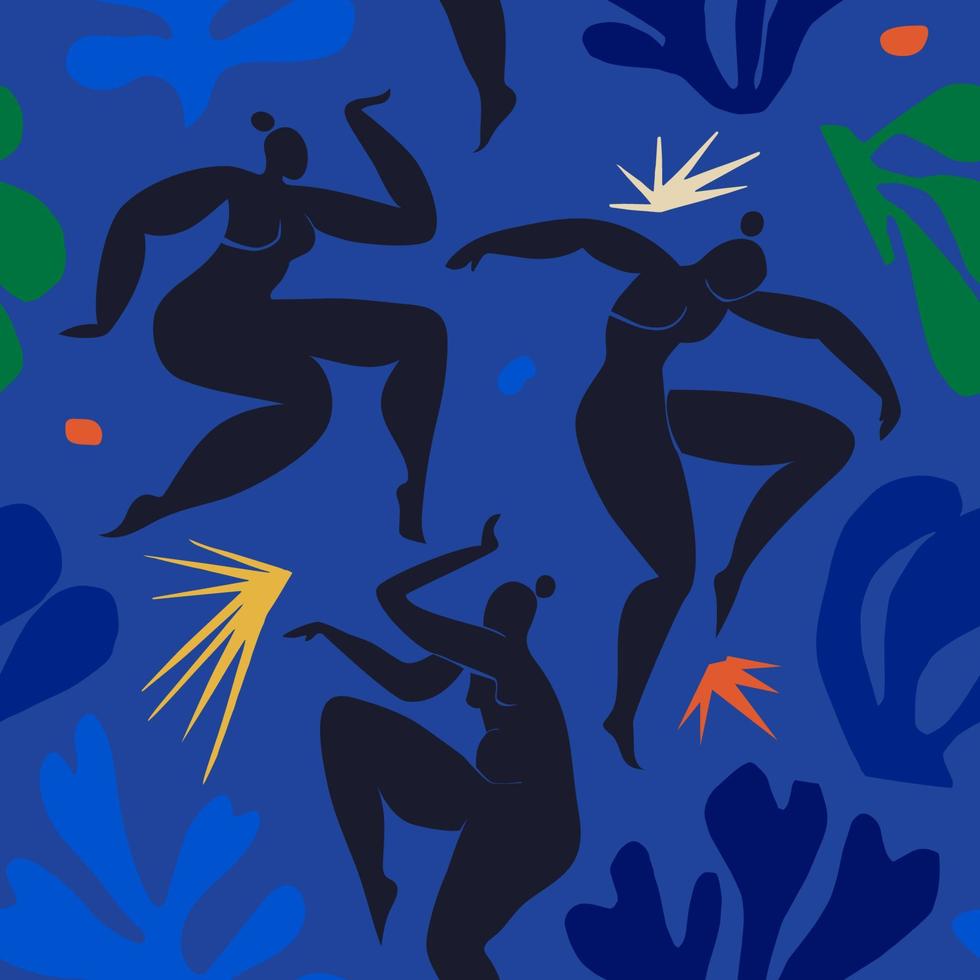 Nahtloses Muster mit tanzenden abstrakten Frauen, inspiriert von Matisse. Frauentanz zwischen abstrakten Pflanzen und Sternen. farbige Hintergrundvektorillustration. vektor