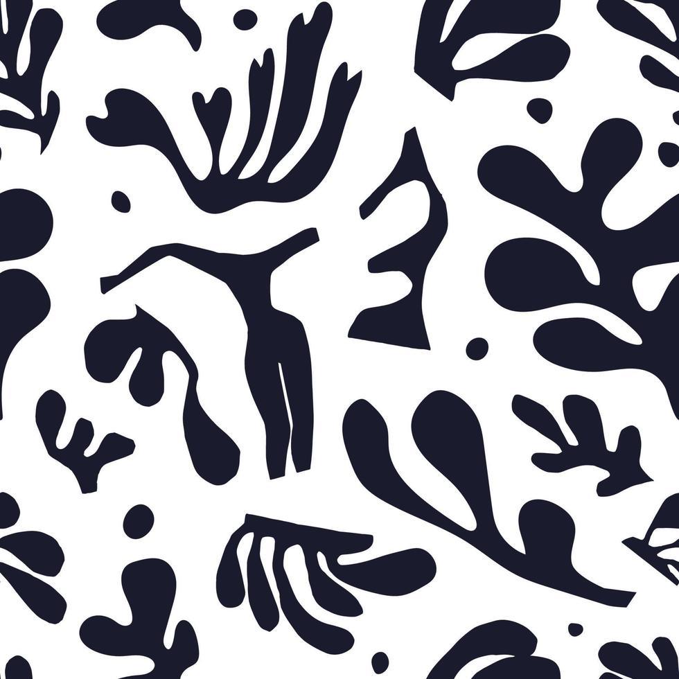abstraktes nahtloses Muster mit ausgeschnittenen Formen. Schwarz auf weißem Muster, inspiriert von Matisse auf weißem Hintergrund. trendvektorillustration mit fiktiven algen. vektor