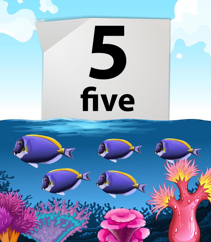 Nummer fünf und unter Wasser schwimmende Fische vektor