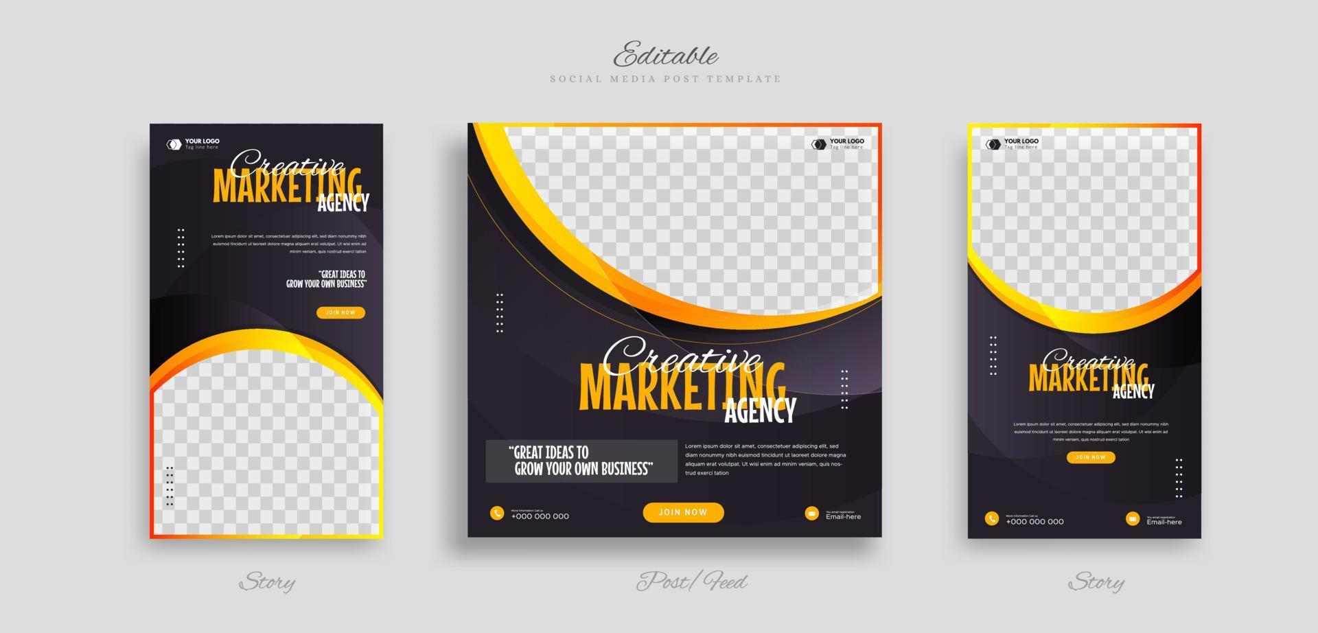 uppsättning kreativ företag aning social media posta och berättelse mall med gul vit och svart Färg bakgrund vektor