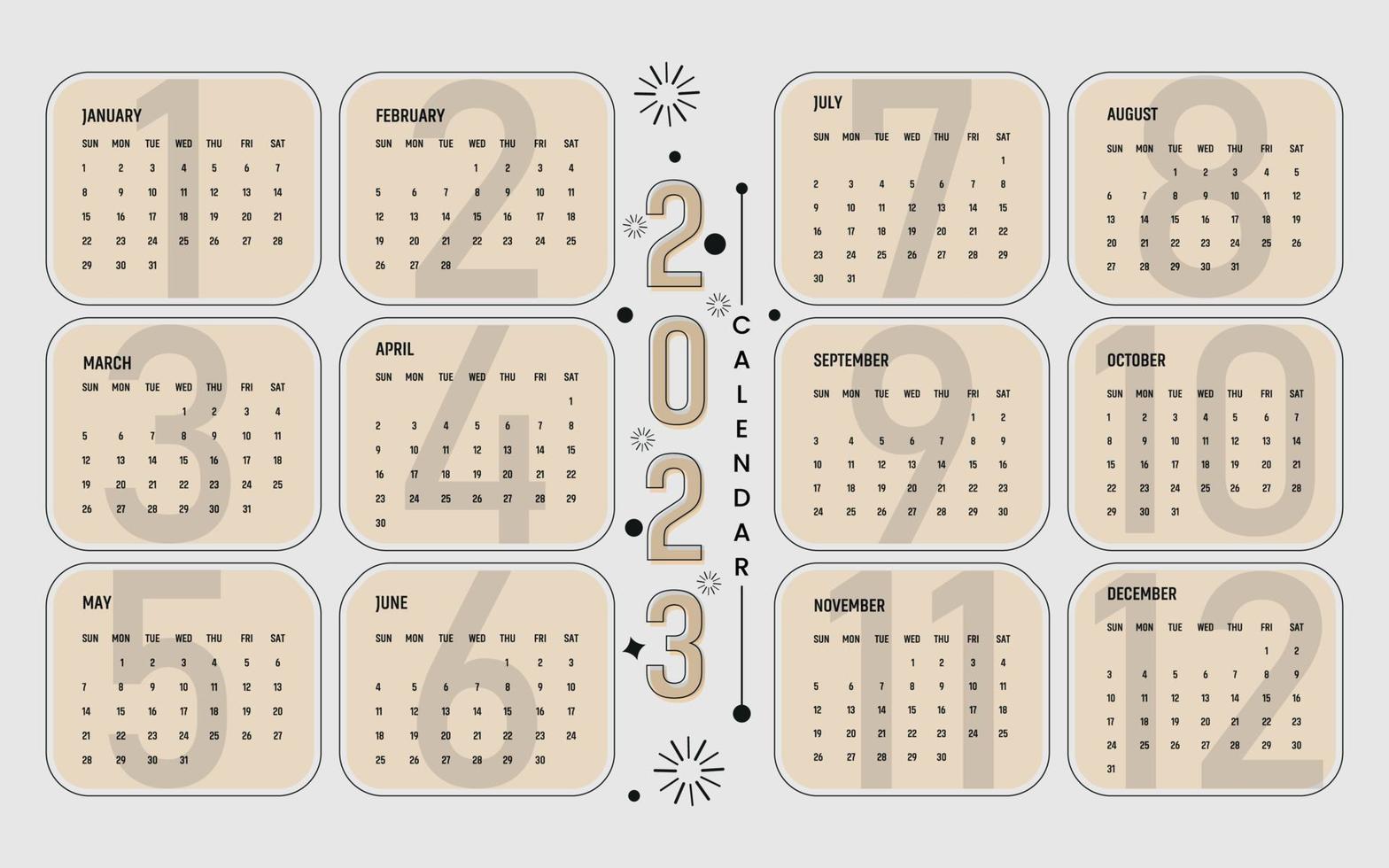 2023 kalender år vektor illustration. de vecka börjar på söndag Färg proffs vektor