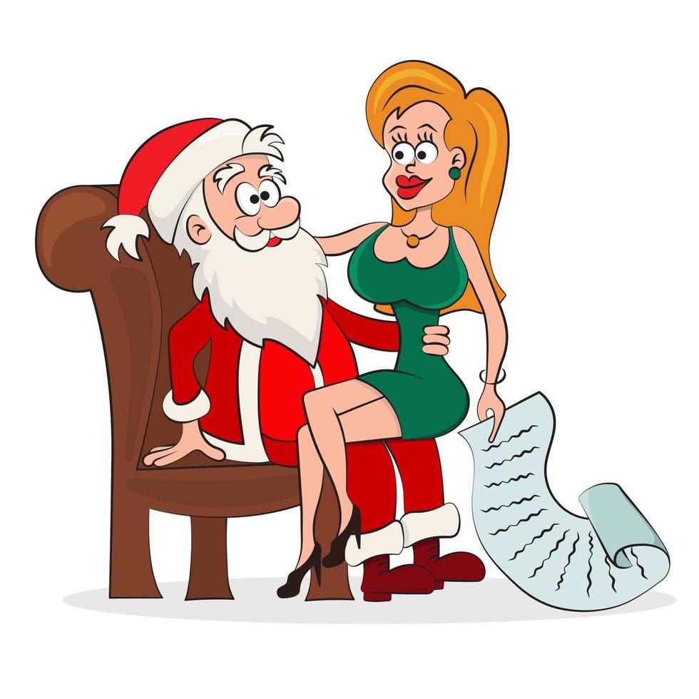 sexig blond sitter på santa claus knä med stor önskar lista. glad santa och de söt flicka fira jul. vektor illustration.