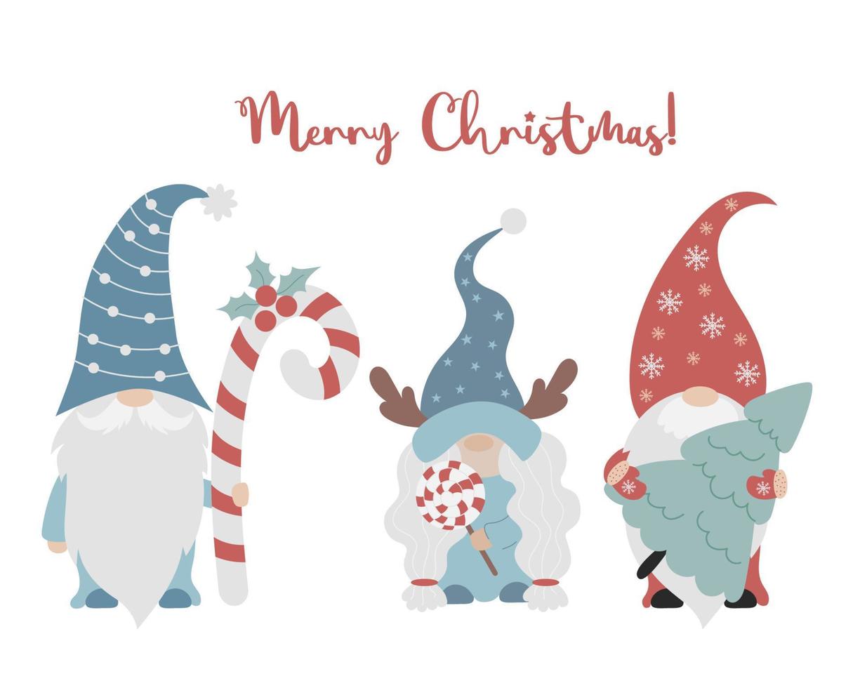jul kort familj av tomtar. söt scandinavian gnome flicka med klubba, ny år gnome man med jul träd och kola pinne. vektor illustration. tecken för Semester dekor och kort