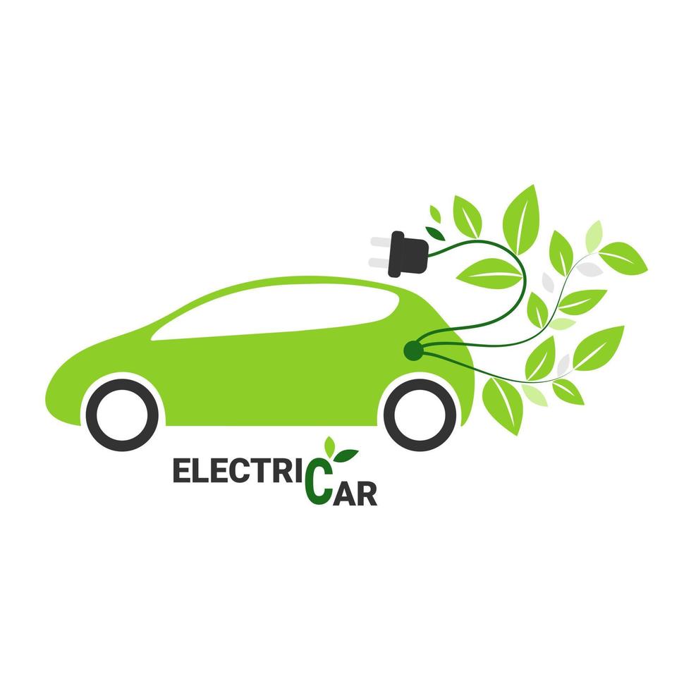 grön elektrisk bil med laddning kabel, grön löv och rubrik på de botten av de bild vektor