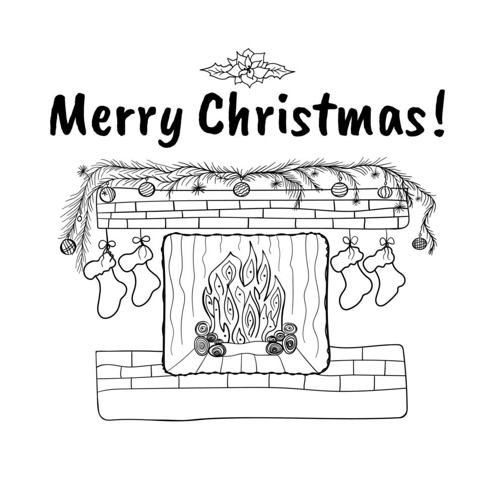 weihnachtskamin mit tannenbaumgirlande mit spielzeug, schneeflocken, weihnachtsstern und strümpfen. hand gezeichnete weihnachtsgekritzelsymbole für design. isoliert auf weißem Hintergrund. vektor