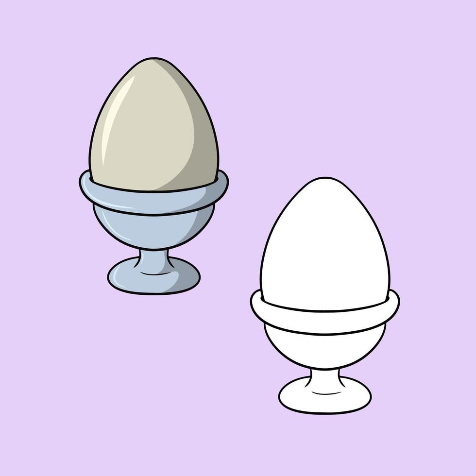 en uppsättning av bilder, en kokt kyckling ägg på en silver- stå, en vektor illustration i tecknad serie stil på en färgad bakgrund
