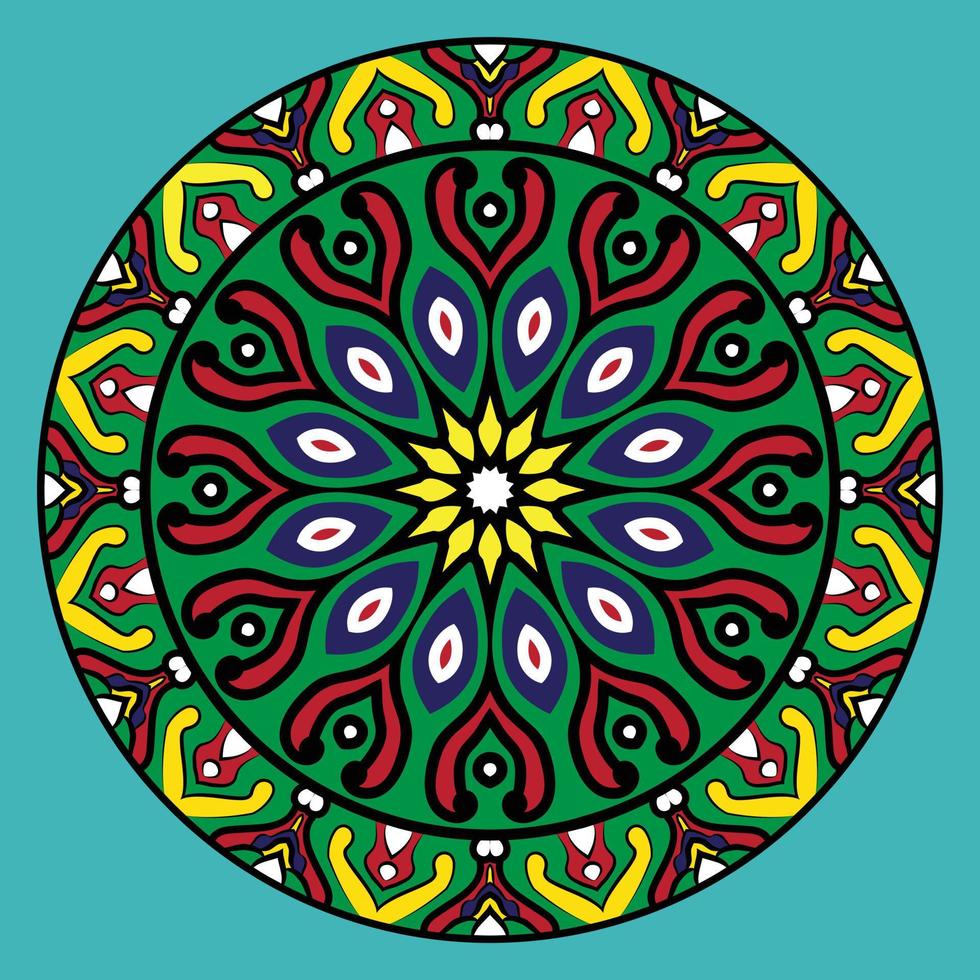 Mandala in grüner, roter und gelber Farbe. vektor
