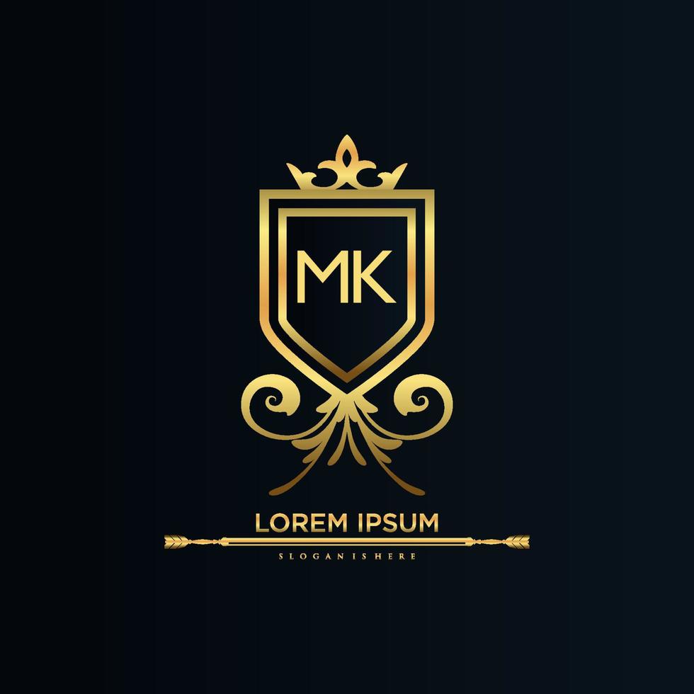 mk brev första med kunglig mall.elegant med krona logotyp vektor, kreativ text logotyp vektor illustration.