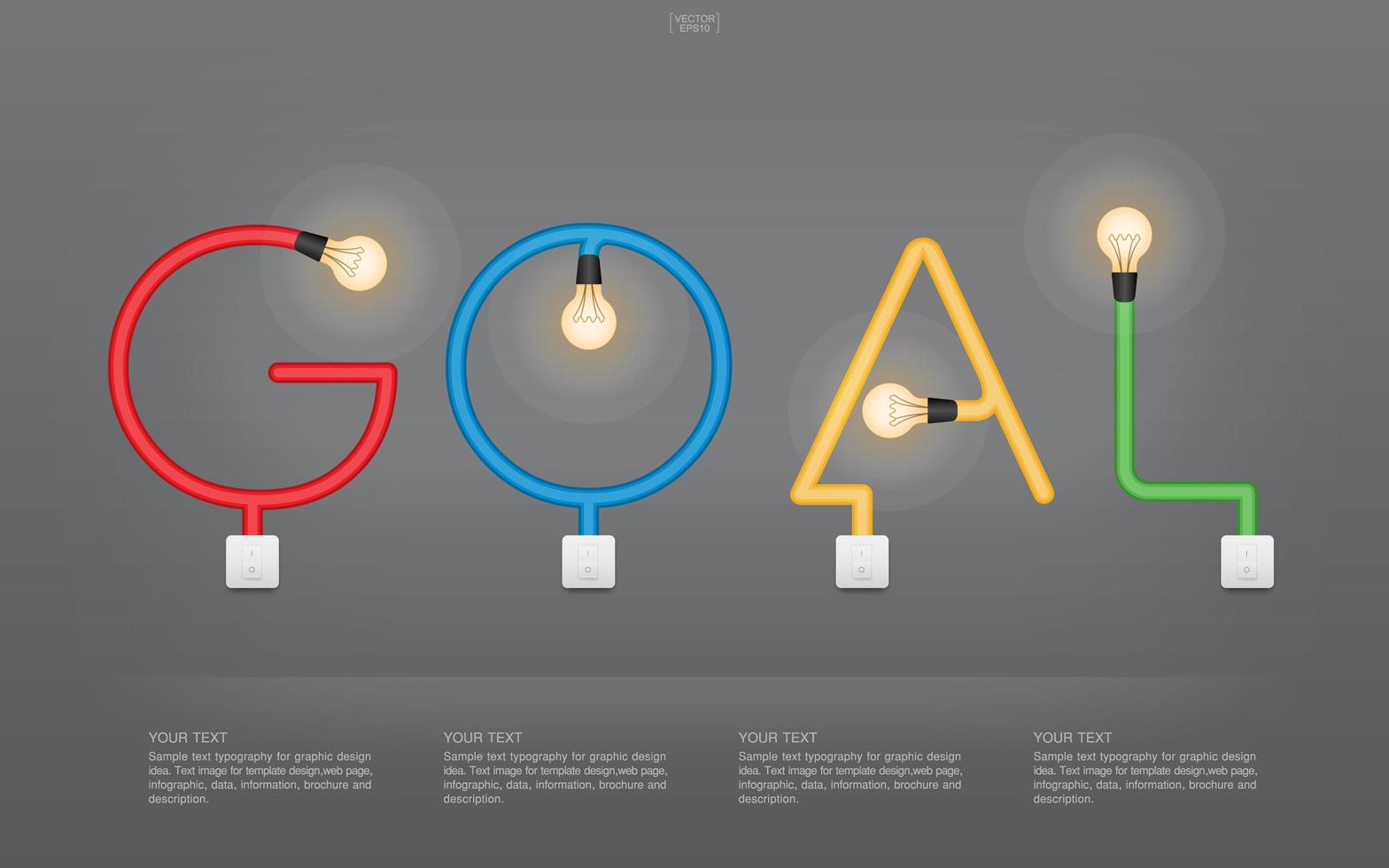 bunter Zieltext aus Glühbirnen und Schaltern vektor