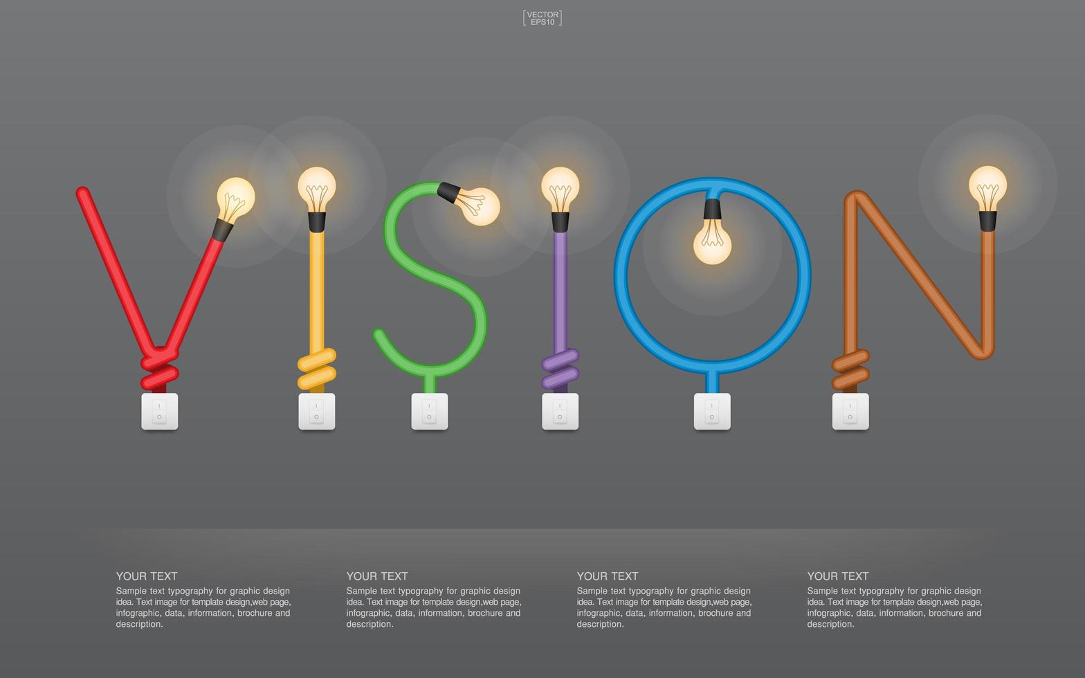 bunter Visionstext aus Glühbirnen und Schaltern vektor