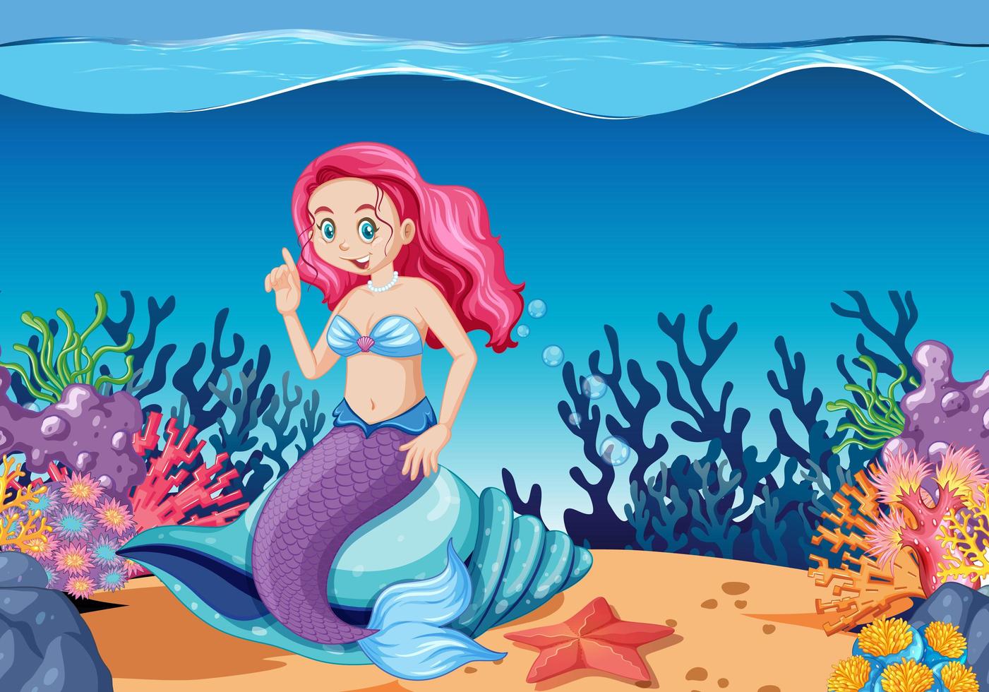 niedliche Meerjungfrau-Zeichentrickfigur unter Meereshintergrund vektor