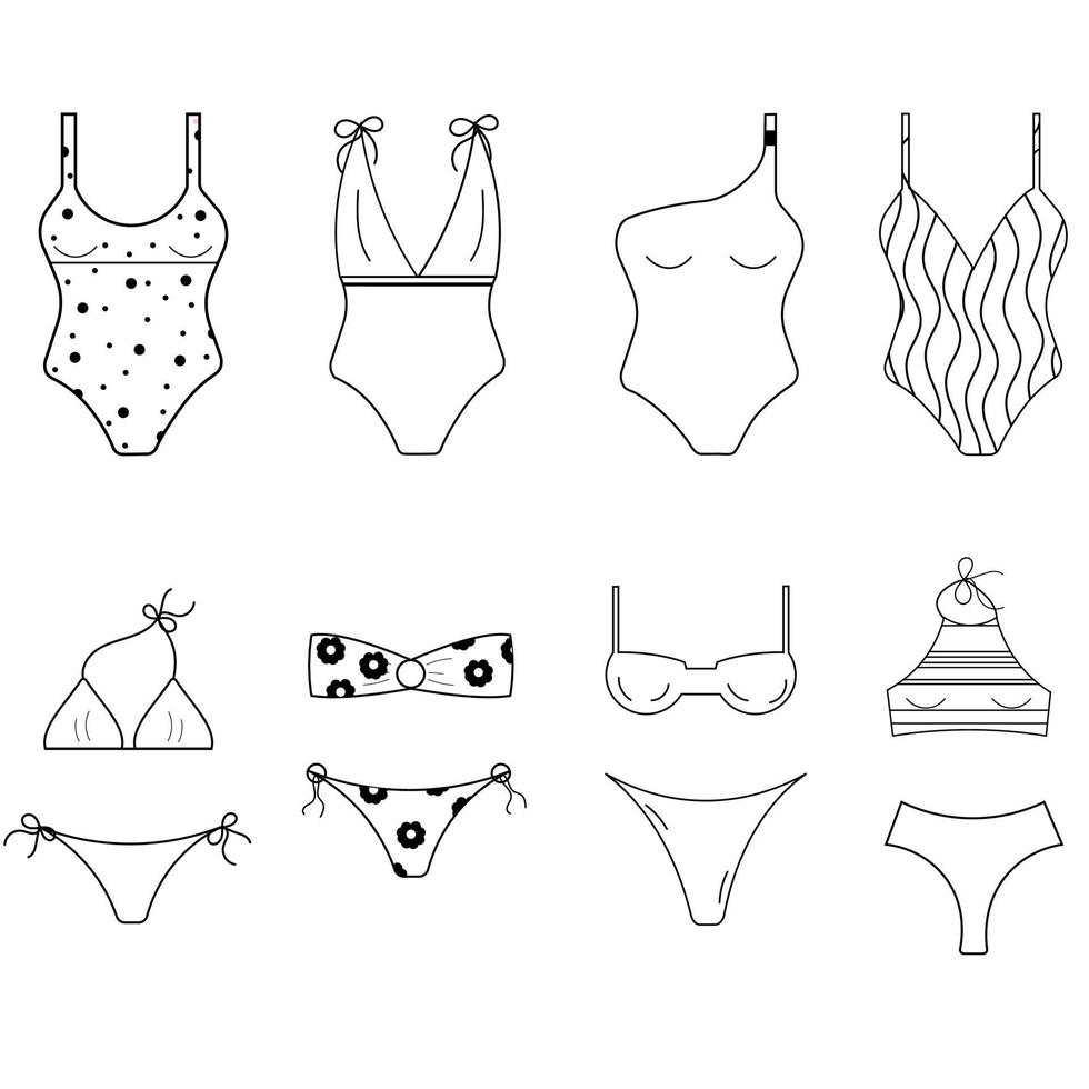 uppsättning av kvinnors badkläder, isolerat på vit bakgrund i linje stil. baddräkt eller bikini vektor
