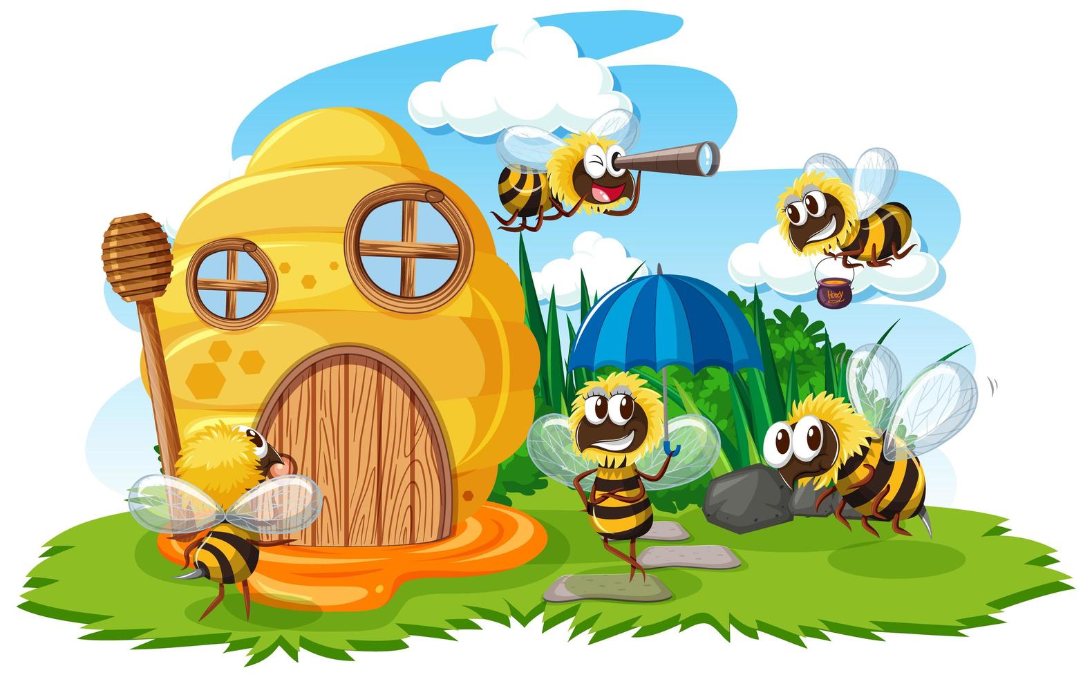 Cartoon Wabenhaus mit niedlichen Bienen vektor