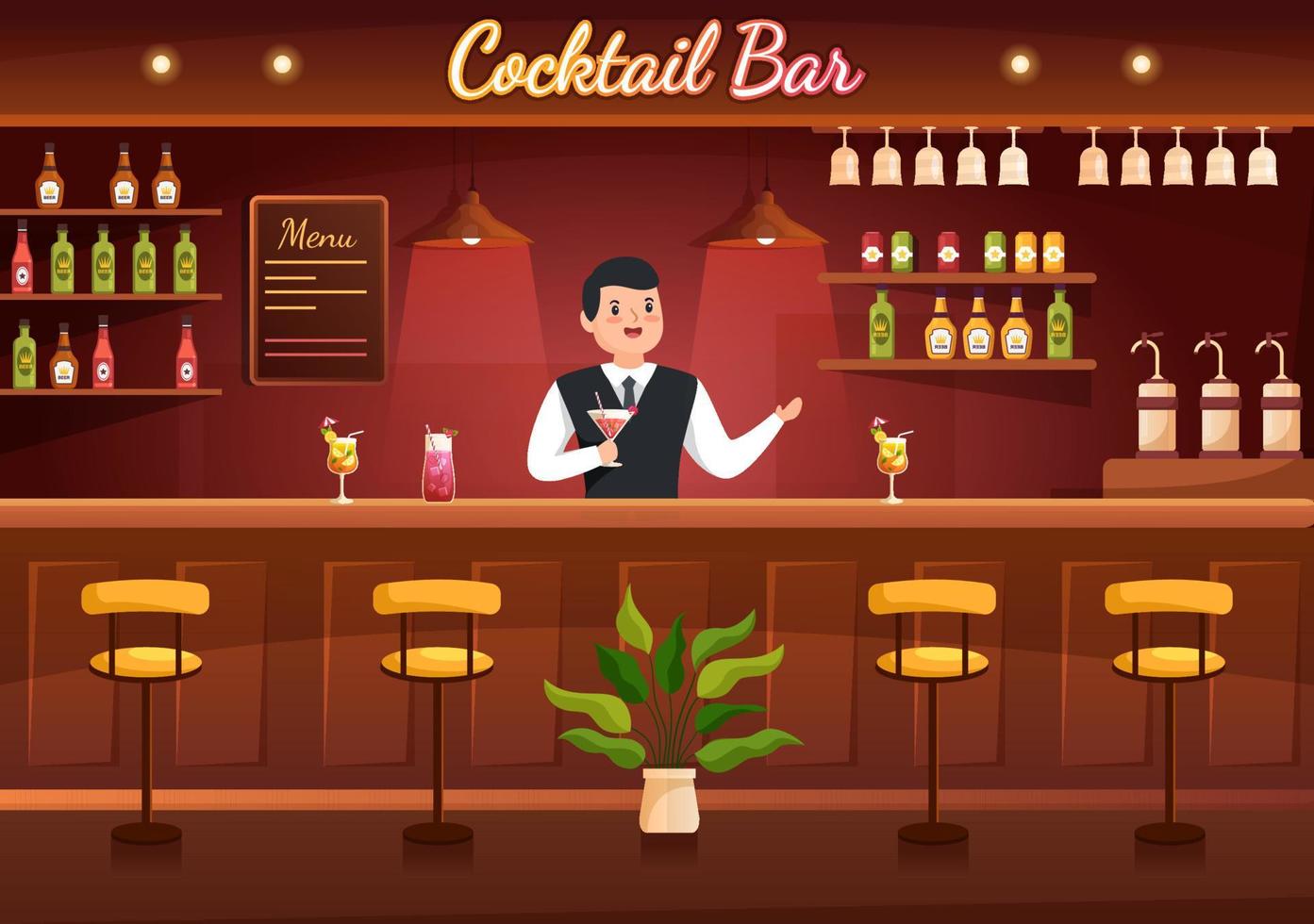 cocktail bar eller nattklubb med vänner hängande ut med alkoholhaltig frukt juice drycker eller cocktails på platt hand dragen tecknad serie mall illustration vektor