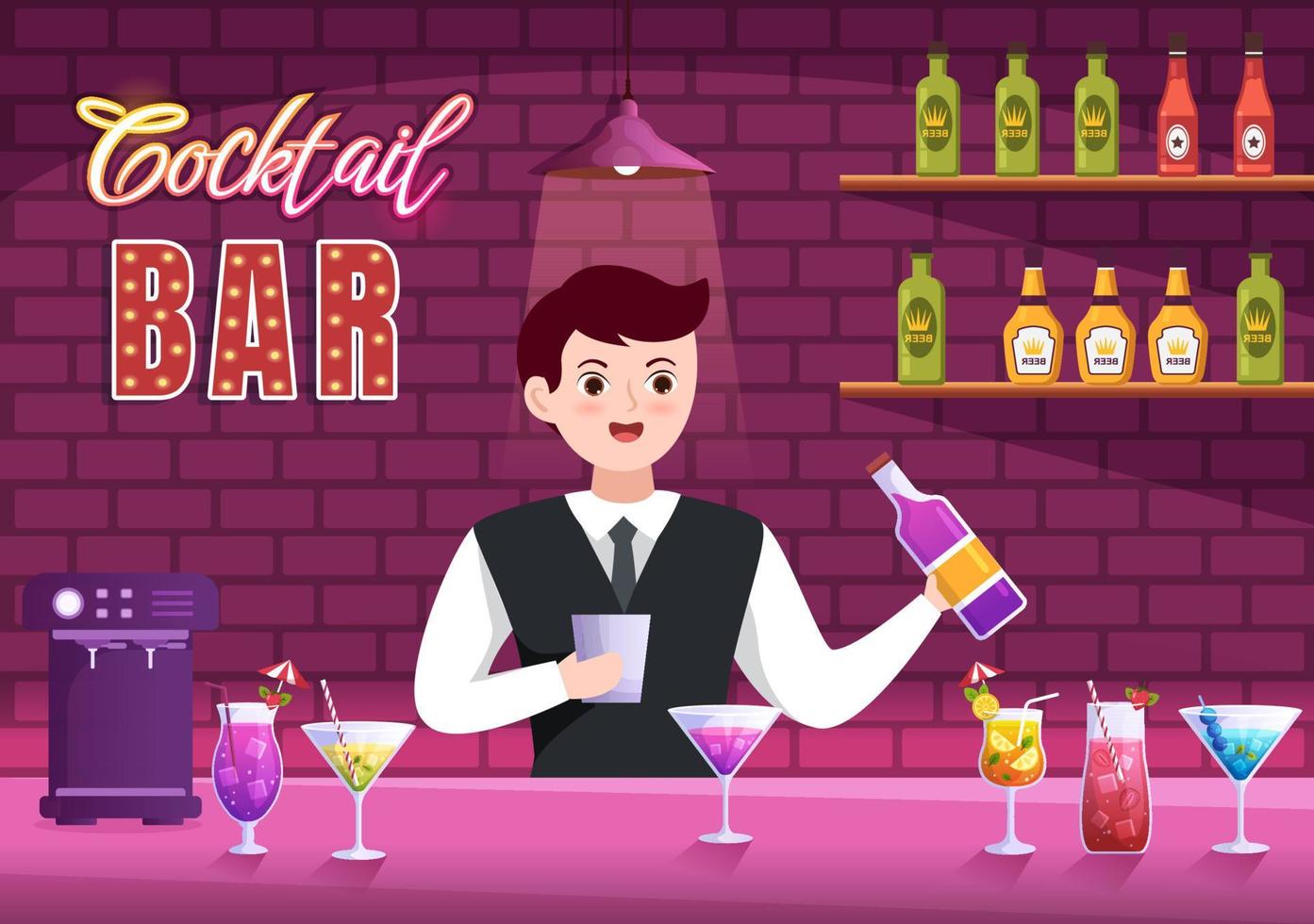 cocktail bar eller nattklubb med vänner hängande ut med alkoholhaltig frukt juice drycker eller cocktails på platt hand dragen tecknad serie mall illustration vektor