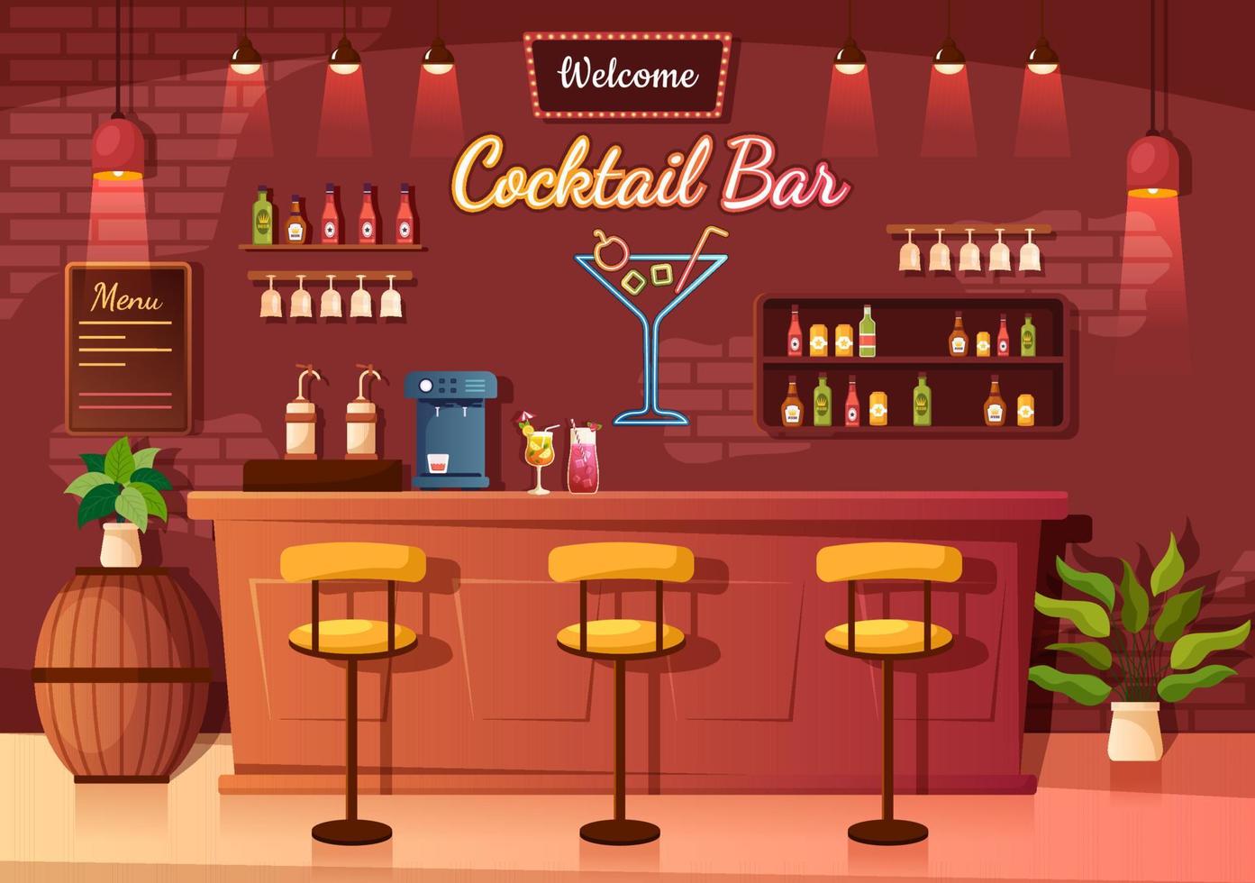 cocktail bar eller nattklubb med vänner hängande ut med alkoholhaltig frukt juice drycker eller cocktails på platt hand dragen tecknad serie mall illustration vektor