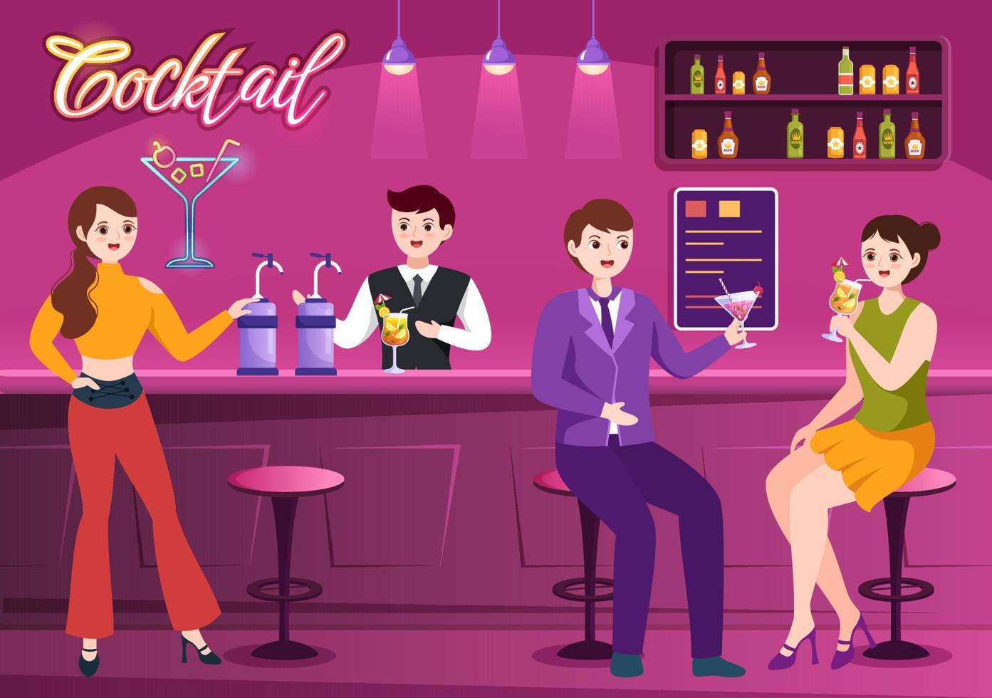 cocktail bar eller nattklubb med vänner hängande ut med alkoholhaltig frukt juice drycker eller cocktails på platt hand dragen tecknad serie mall illustration vektor