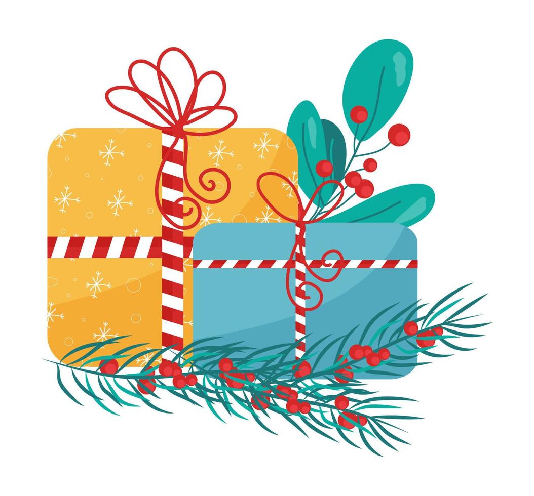 Geschenkbox im Cartoon-Stil mit gestreiften Bändern und roten Schleifen. eine reihe bunter boxen mit überraschungen. weihnachtliche gemütliche süße geschenke. dekorative Fichtenzweige und Beeren. Aufkleber und Druck vektor