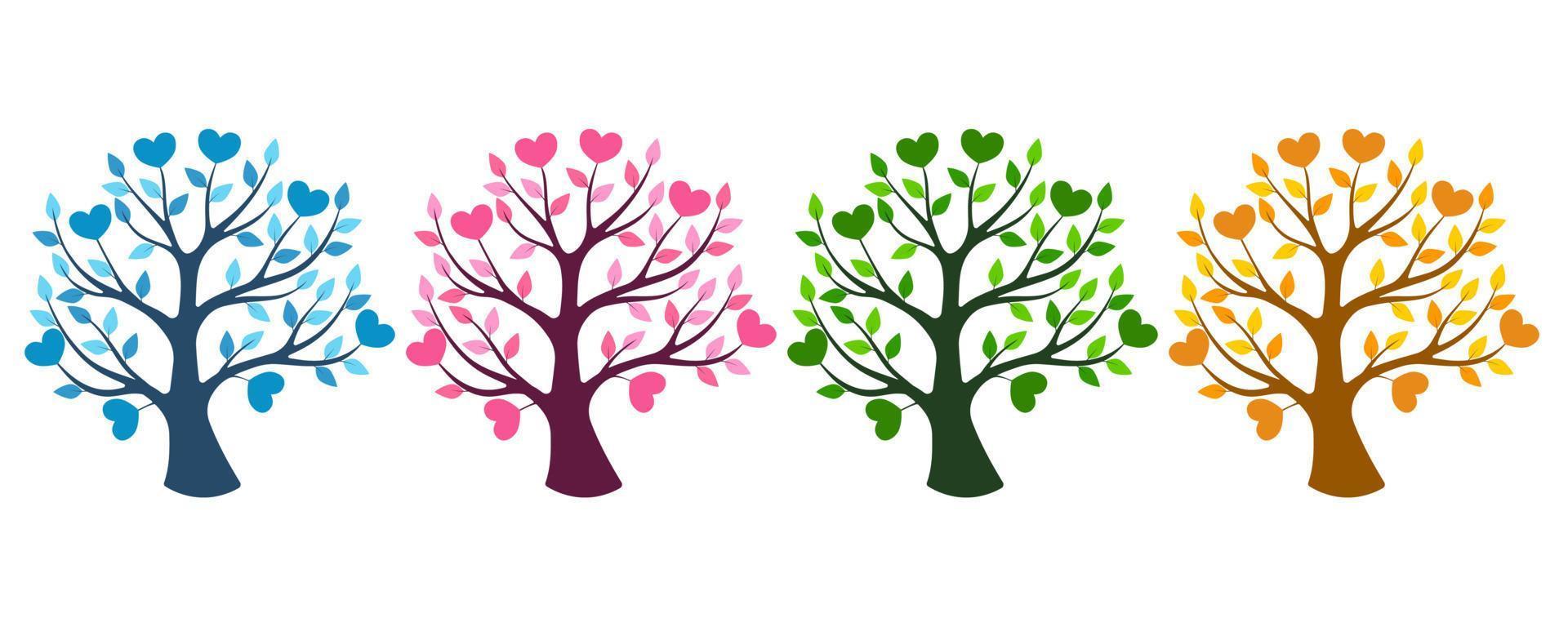 Satz von vier Bäumen entsprechend den Jahreszeiten - Winter, Frühling, Sommer, Herbst. Blätter und Herzen auf Ästen vektor