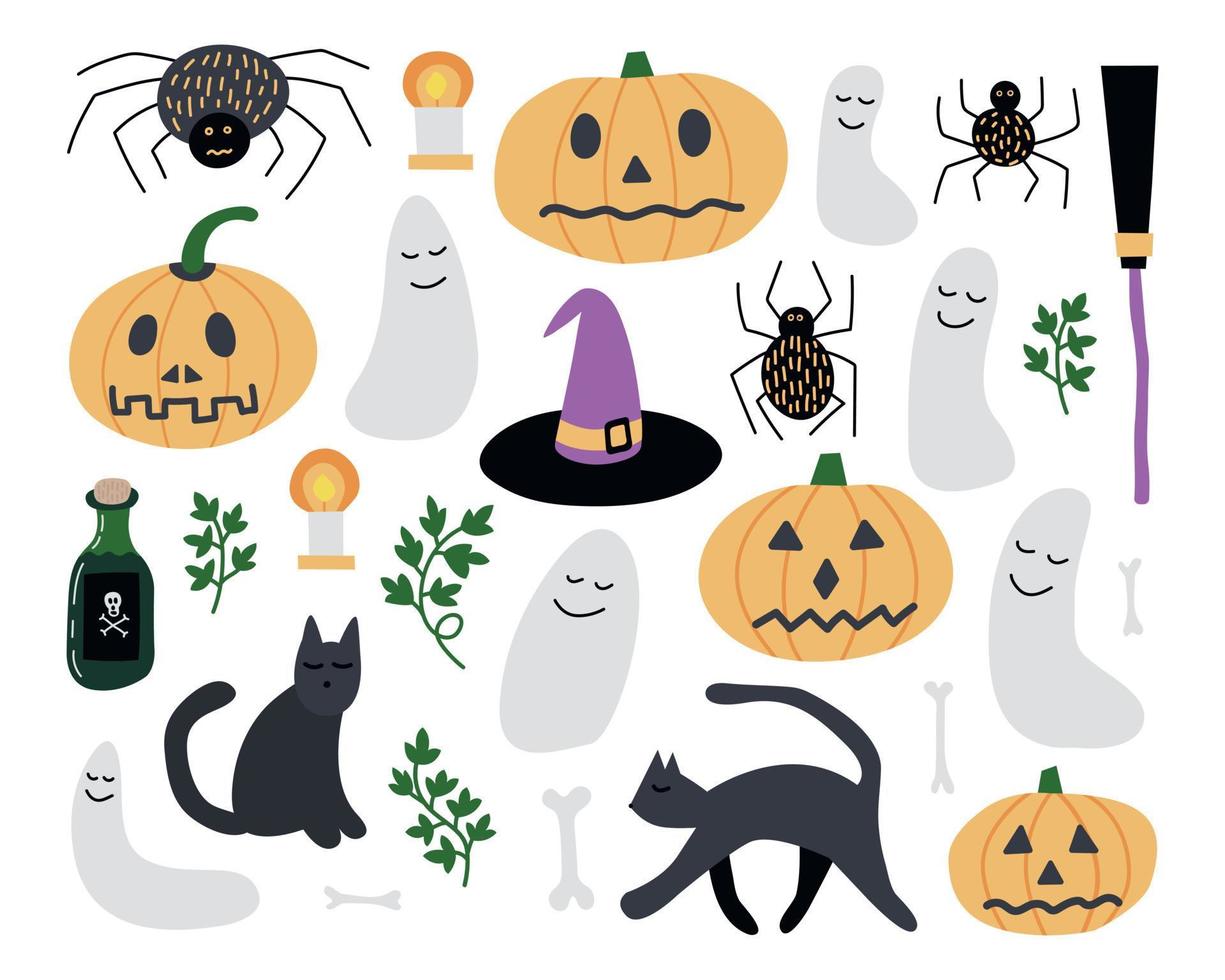 Vektor-Halloween-Aufkleber-Set. süße halloween-objekte im cartoon-stil. Geist, Besen, Hexenhut, Trank, Kürbiskopf und Spinne vektor